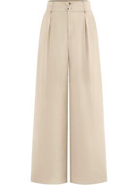 Women's Wide Leg Dress Pants Beige High Waisted Button Pleated Trousers Palazzo